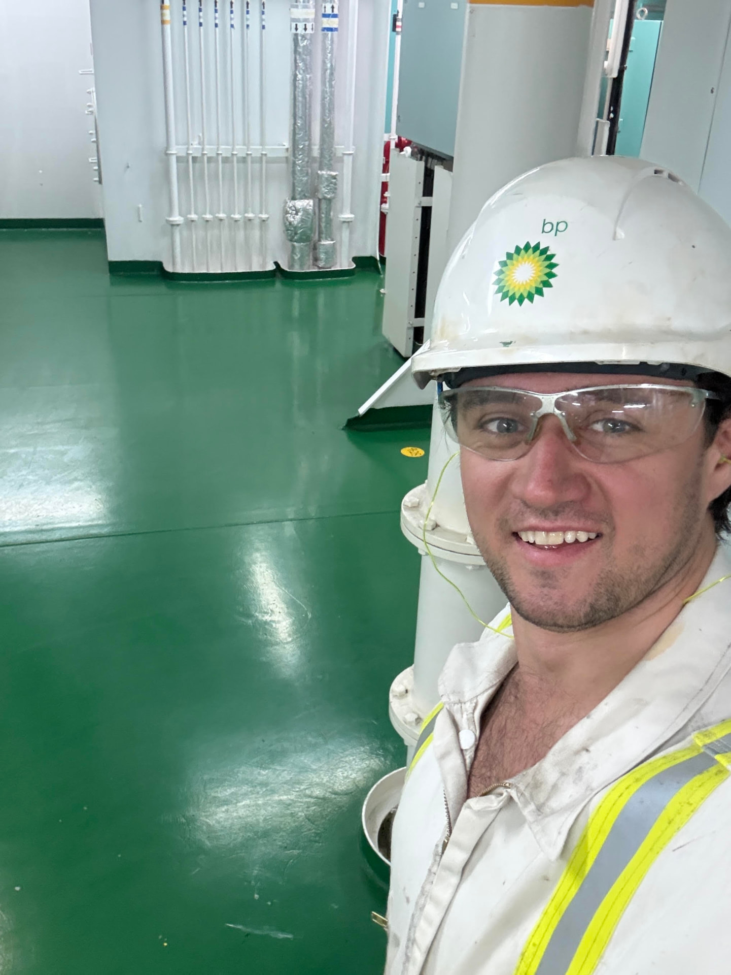 Alex, 4th Engineer, in the engine room.